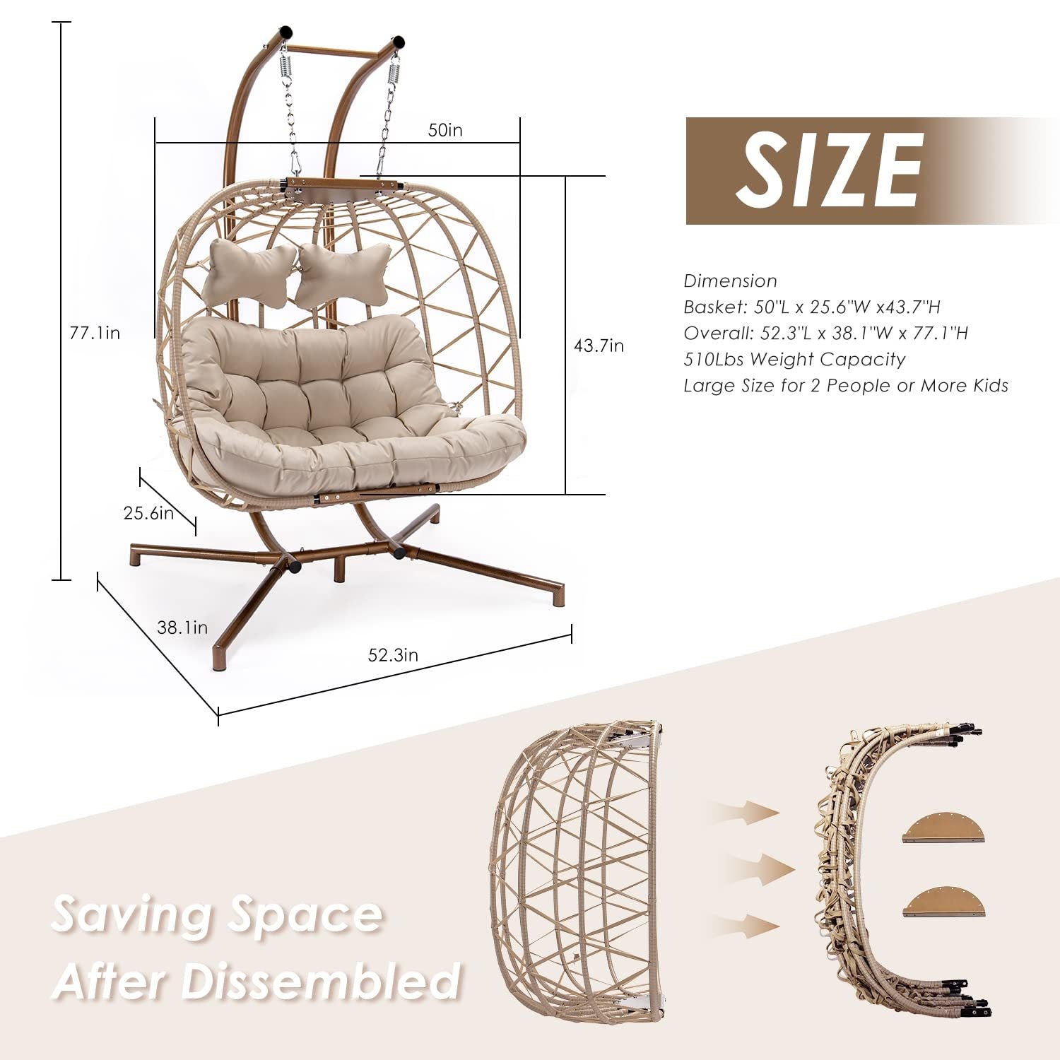 Double Patio Rattan Swing Egg Chair With Stand Rain Cover Included