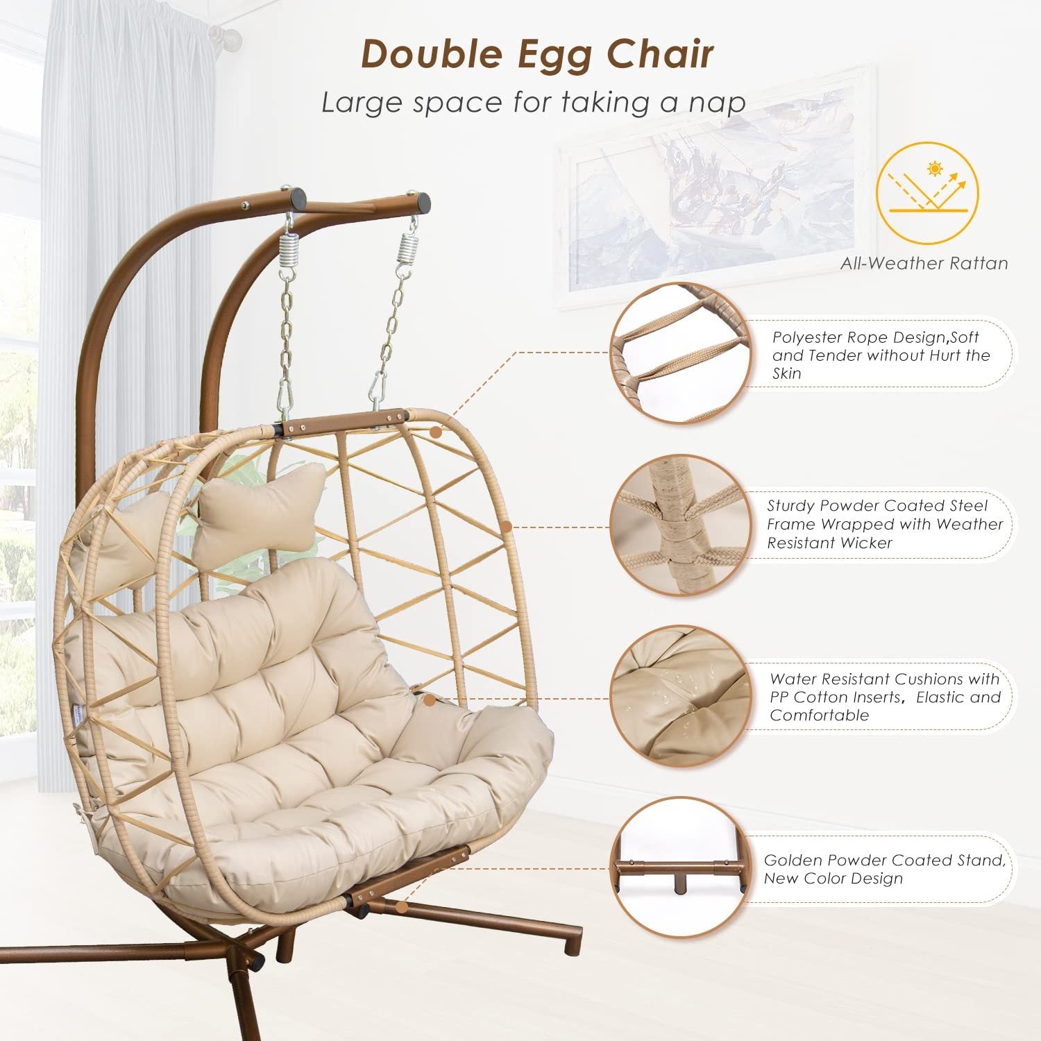 Double Patio Rattan Swing Egg Chair With Stand Rain Cover Included